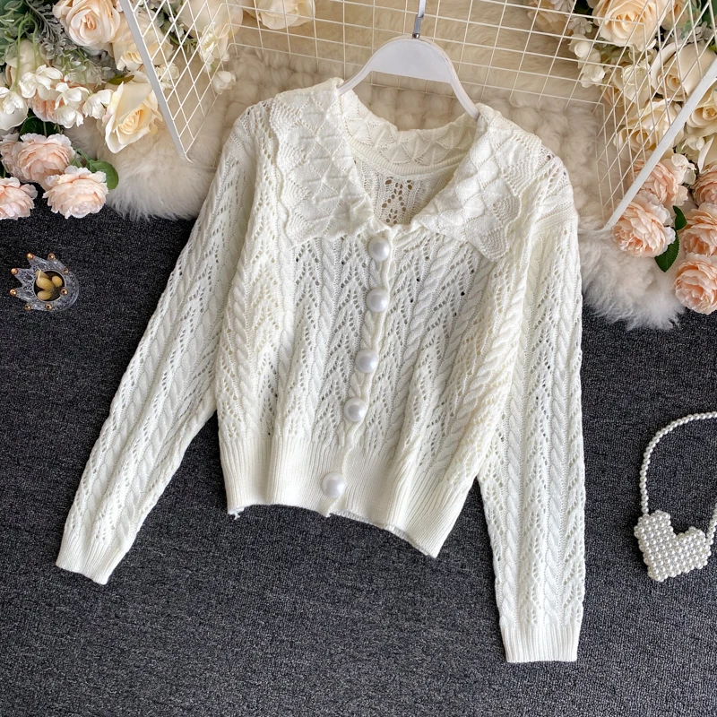 Knitted Cardigan Jacket Women's Autumn Winter All-match Korean Large Lapel Retro Linen Flower Hollow-out Top Cardigans sweaters |