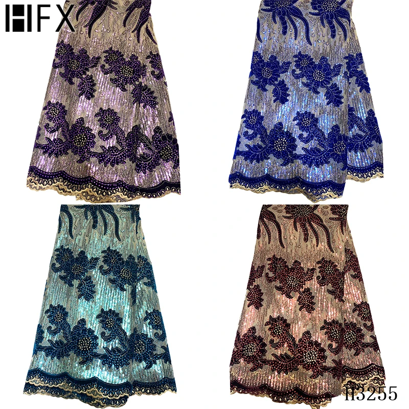 

HFX purple african velvet sequins lace fabric 2020 high quality sequin lace fabric 5 yards tulle french mesh fabrics H3255