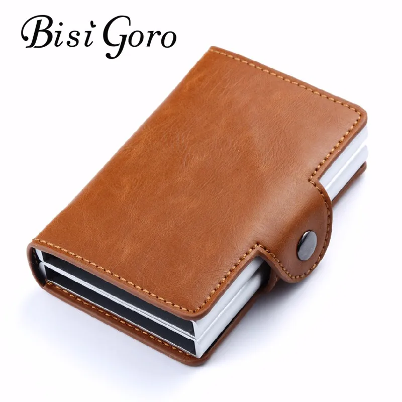 

Bisi Goro 2021 New RFID Business Credit Card Holder Metal Blocking Double Aluminium Box Crazy Horse Leather Travel Card Wallet