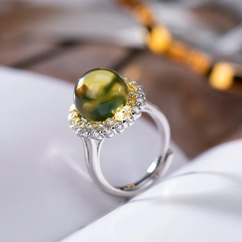 

New S925 Sterling Silver Natural Mexican Lambert Rings Simple Natural Gemstone Wedding Jewelry Elegant Women Amber Ring K0173