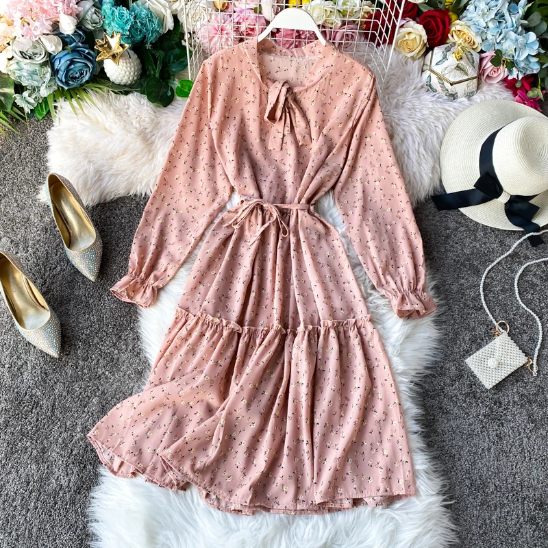 Летнее платье с цветочным принтом и длинным рукавом шифоновое пляжное бантом для