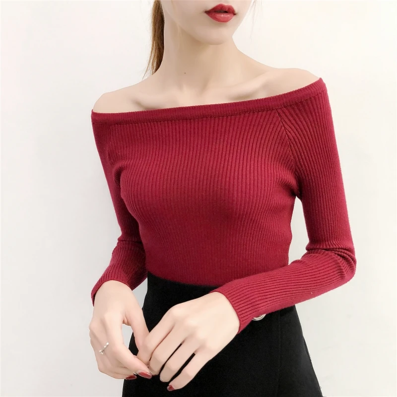 2020 New Fashion Women Long Sleeve Sweaters Casual Slash Neck Pullovers Solid thick Sweater Female Slim Sexy Cotton Kintted Tops | Женская