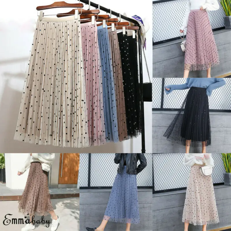 2019 осенние женские юбки модные Boho в горошек длинные с высокой талией Прозрачные