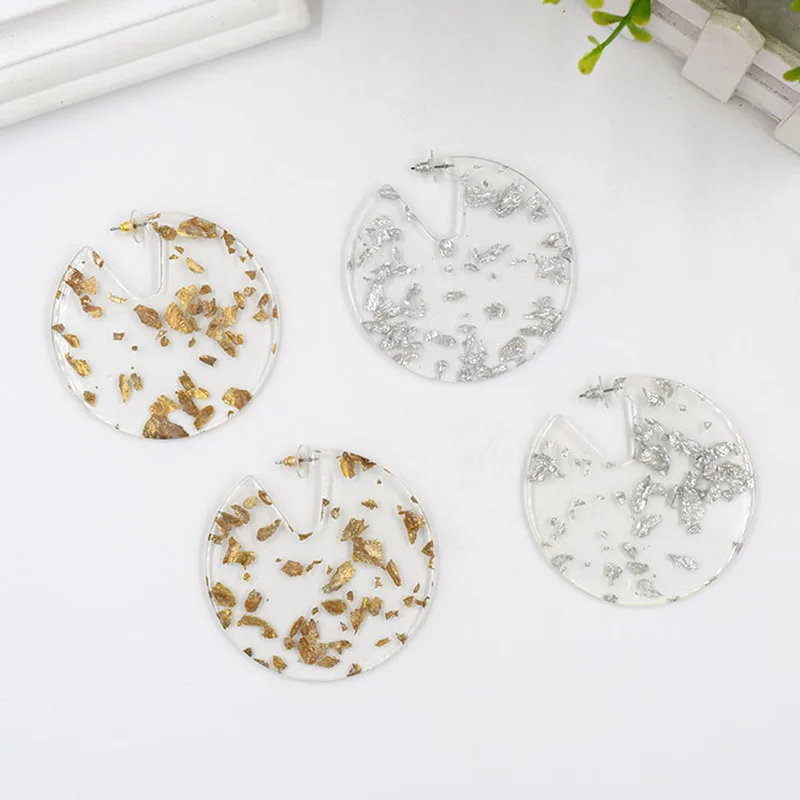 Большие акриловые серьги кольца из фольги золотистые/серебристые 60 мм круглые