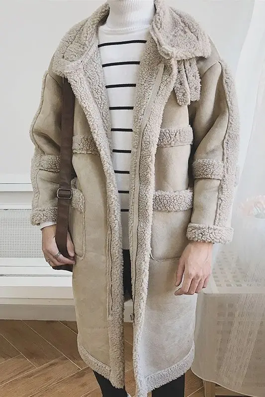 

IEFB /men's wear 2020 autumn winter faux lamb fur fur male's coat cotton-padded jacket Korean style oversize long coat 9Y3578