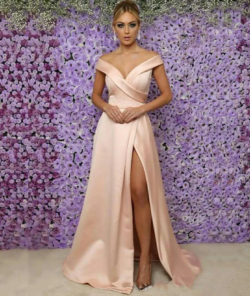 

Simple Side Split Long Prom Dresses A Line Summer Bride Party Formal Vestidos Zipper Back Off Shoulder Evening Dress