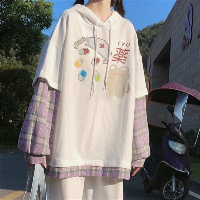 

Japanese Sweet Preppy Style Sweatshirt Kawaii Cartoon Bear Printing Hooded Pullover Full Sleeve Plaid Splicing Sweatshirts