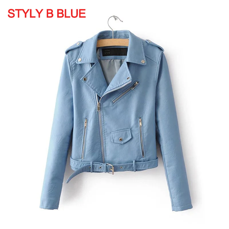 Style B Blue Женская кожаная куртка, мотоциклетная, осенняя, с длинным рукавом, на молнии, мягкая, искусственная кожа, куртки, белые, женские пальто, верхняя одежда - Цвет: Style B Blue