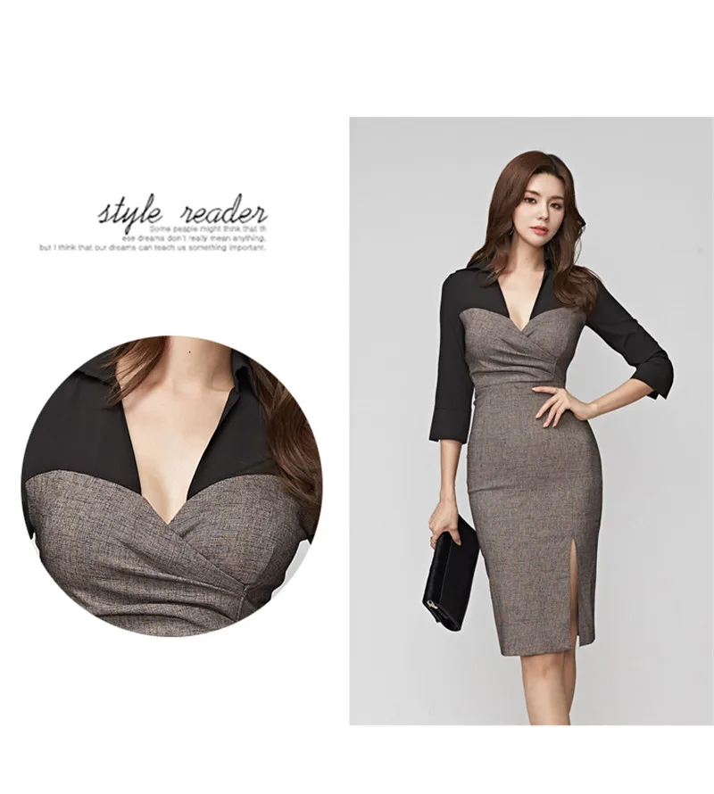 BGTEEVER Slim Waist V-neck Women Dress Full Sleeve Bodycon Patchwork Side-split Female Dress Fashion Midi Vestidos Femme