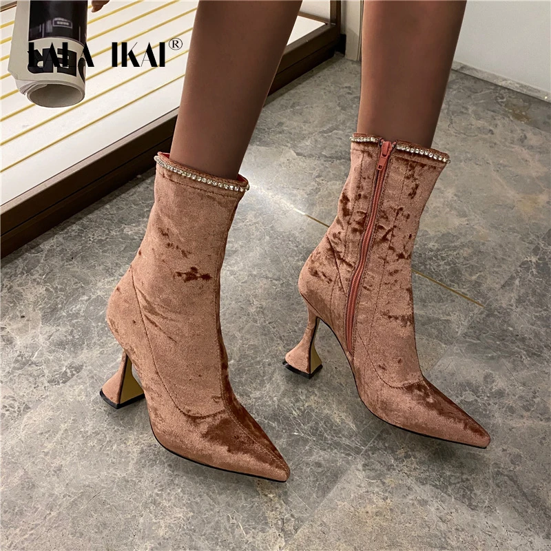 

LALA IKAI Women's Boots Autumn Winter New High Heels Women's Shoes Rhinestone Ankle Boots Pointed Toe Heels botas de mujer C1047