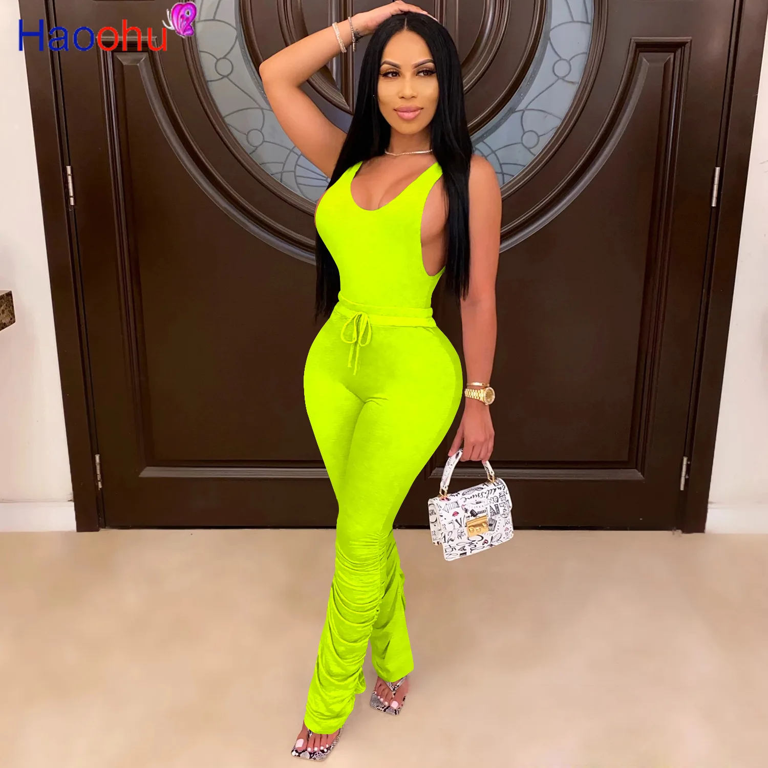 

HAOOHU Sexy Two Piece Set Tracksuit Women Summer Clothes Tank Top Stacked Pants Suits Lounge Wear Outfits 2 Piece Matching Sets