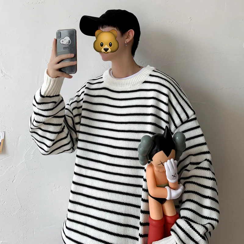 Полосатый свитер мужской модный Повседневный вязаный пуловер с круглым вырезом