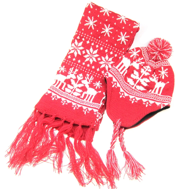 Вязаный шерстяной шарф и шапка унисекс с рождественским узором в виде снежинок 2