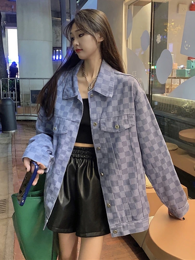 

Spring Autumn Women Chic Plaid Jacket All-Match Korean Style Classical Daily Retro Sweet Student Loose Long Sleeve Checks Coat