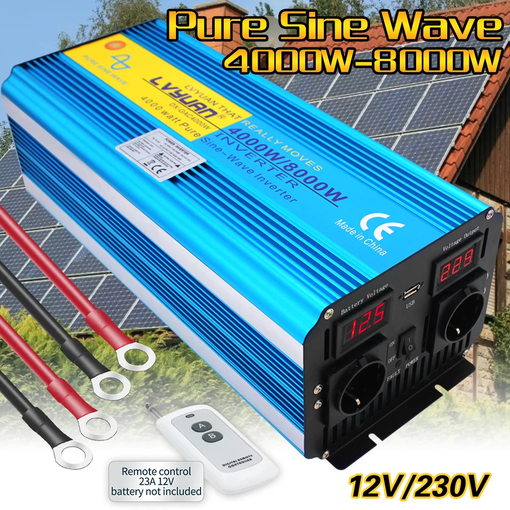 Pure Sine Wave 8000W DC 12V/24V TO AC 220V/230V/240V solar power inverter with 3.1A USB dual LED display EU socket Pure Sine Wave 8000W DC 12V/24V TO AC 220V/230V/240V solar power inverter with 3.1A USB dual LED display EU socket