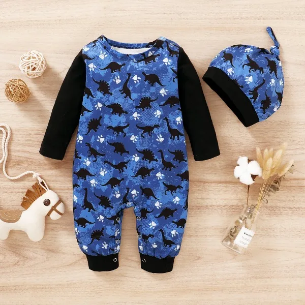 

Newborn Baby Boys Rompers Full Sleeve Dinosaur Print Round Neck Long Sleeve Jumpsuit and Hat 0-24 Months