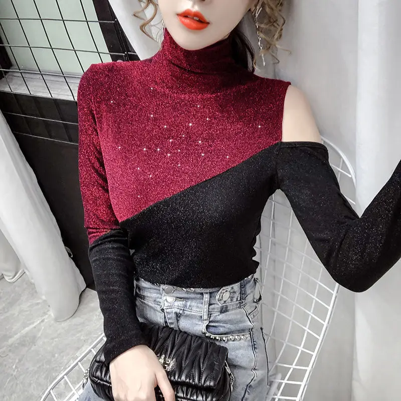 

Autumn and Winter New Women 's Turtleneck Strapless Sexy T-shirt