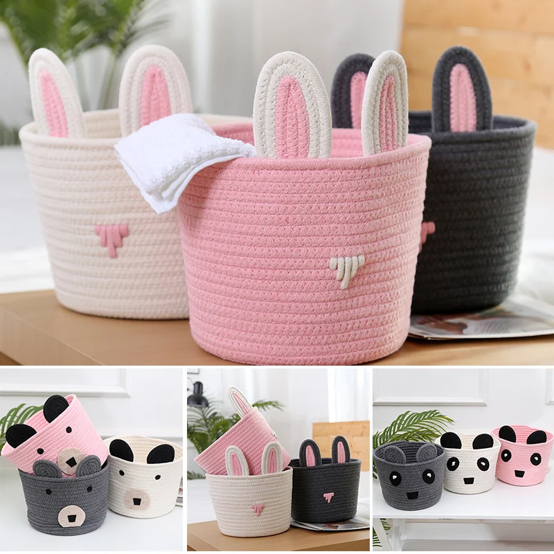 

Woven Style Cartoon Storage Basket for Kids Knitting Cute Cotton Rope Organizer for Home Office Small Items FPing