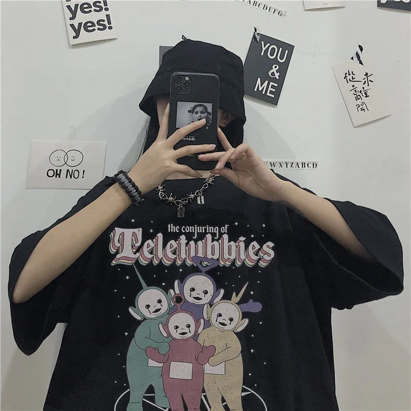 

Женская забавная футболка Teletubbies, летний топ с принтом в стиле Харадзюку, Корейская одежда, Женская футболка большого размера, женские топы