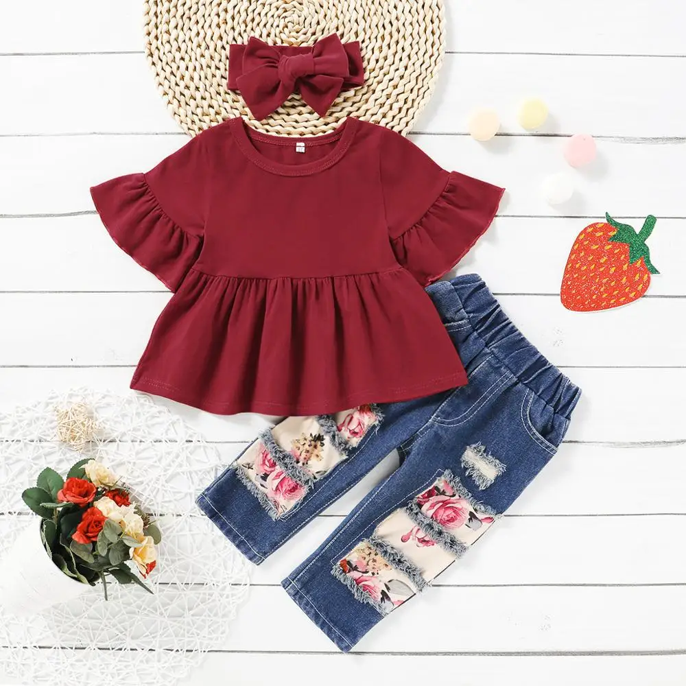 Осенняя одежда для маленьких девочек 3 шт. Детские наряды Однотонная рубашка с