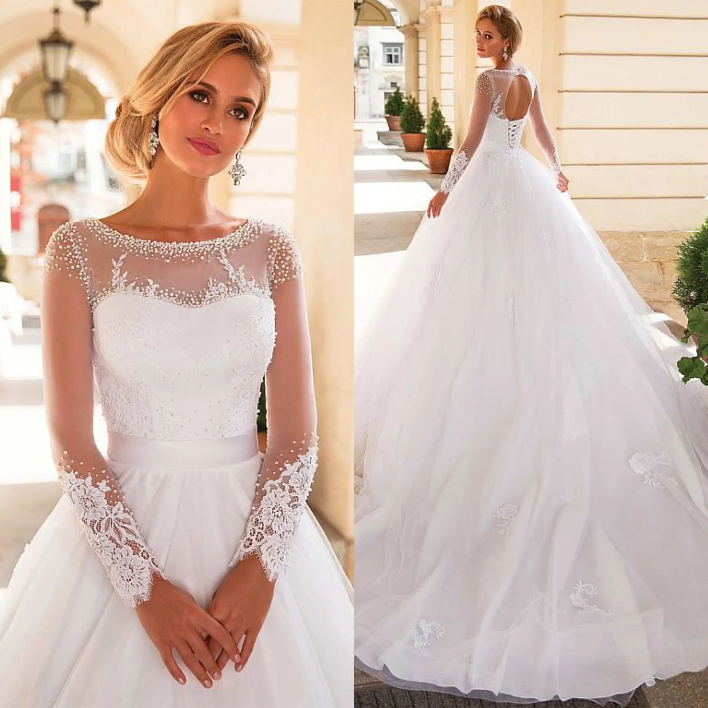 

Потрясающие Прозрачные Свадебные платья с бусинами и длинным рукавом, свадебное платье из фатина со шнуровкой сзади