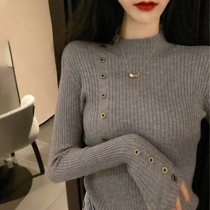 

Half High Collar Knitted Sweater Women's Autumn Winter Korean Versatile Thin And Thickened Top Pullover