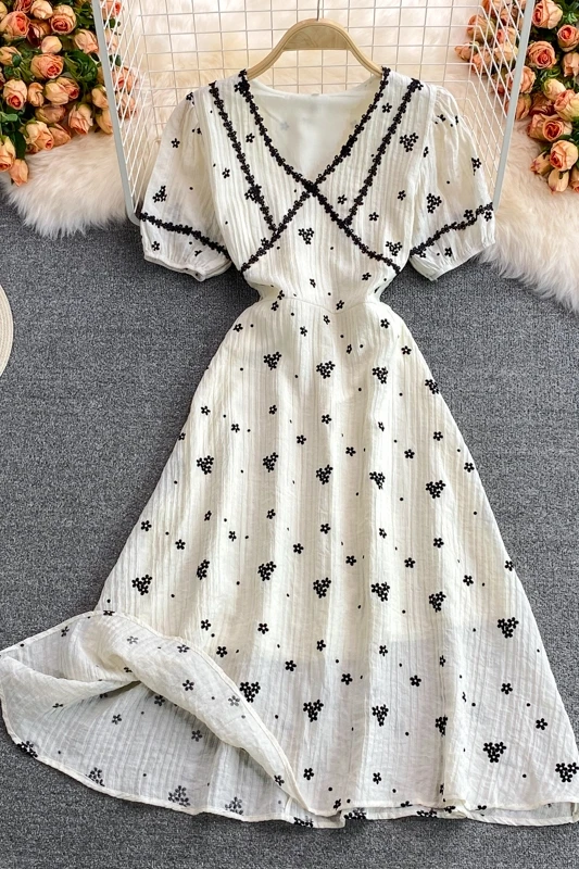 

2021 Lace Patchwork Vintage Dress Women V-Neck Short Sleeve Floral Dresses Losoe Elegant Female Korean Chic Sweet