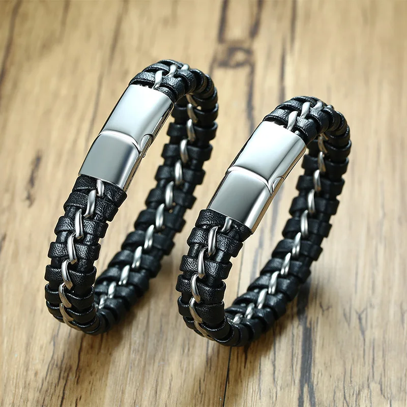 New Gold Steel Gun Black Color Stainless Braided Genuine Leather Bracelet 19/21/22cm Men Bangle Wrap Magnetic-Clasp | Украшения и