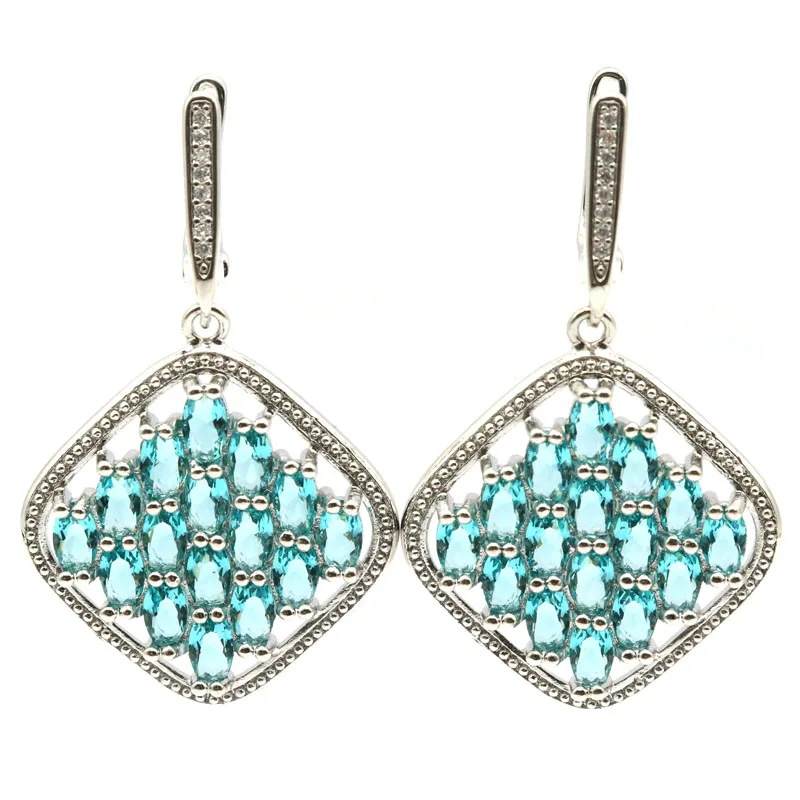 Серьги женские серебряные ярко голубые аквамариновые с цирконом 43x26 мм|925 silver