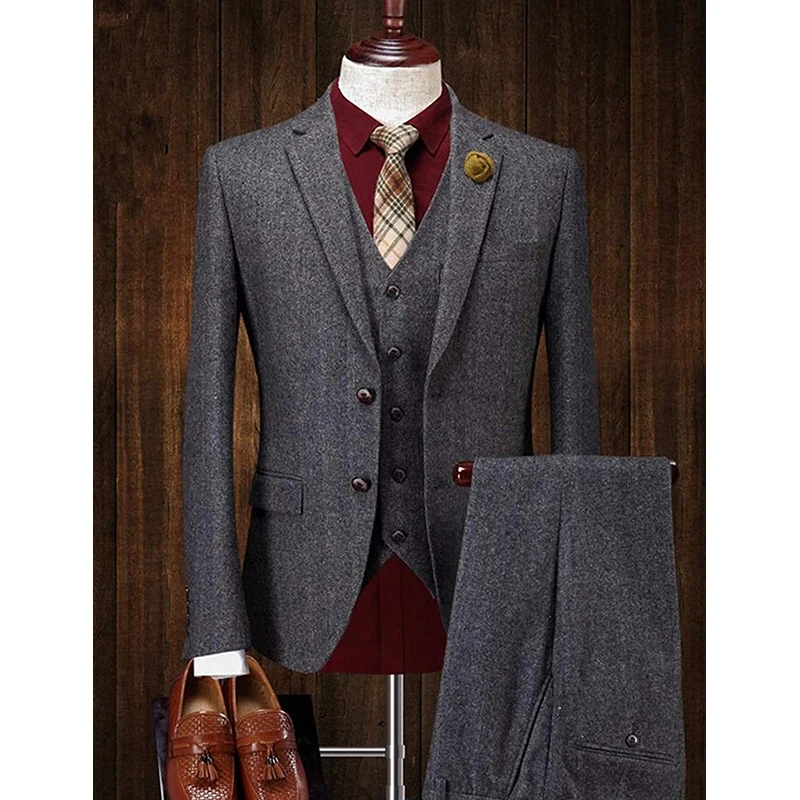 Для мужчин Slim Fit костюм комплект из 3 предметов классический Винтаж твида с узором
