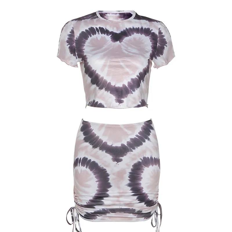 

2021 summer new women's round neck short-sleeved T-shirt fashion slim bag hip print short skirt suit women