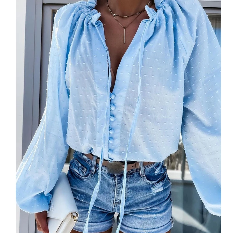 

Mandylandy уличная одежда свободные блузки с V-образным вырезом топы небесно-голубые женские блузки шифоновый топ с рукавами-фонариками на шнуро...