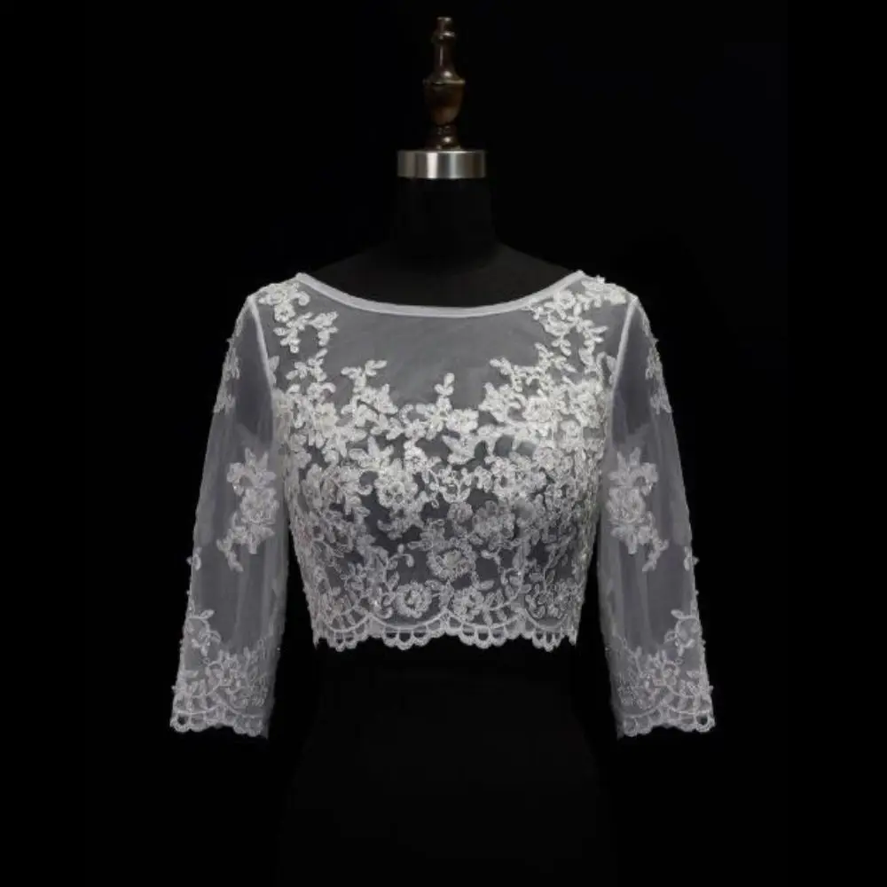 

Romantic Ivory Lace Half Sleeve Wedding Wrap Appliques Custom Made Bateau Neck Bridal Jacket Cape Real Image Bolero