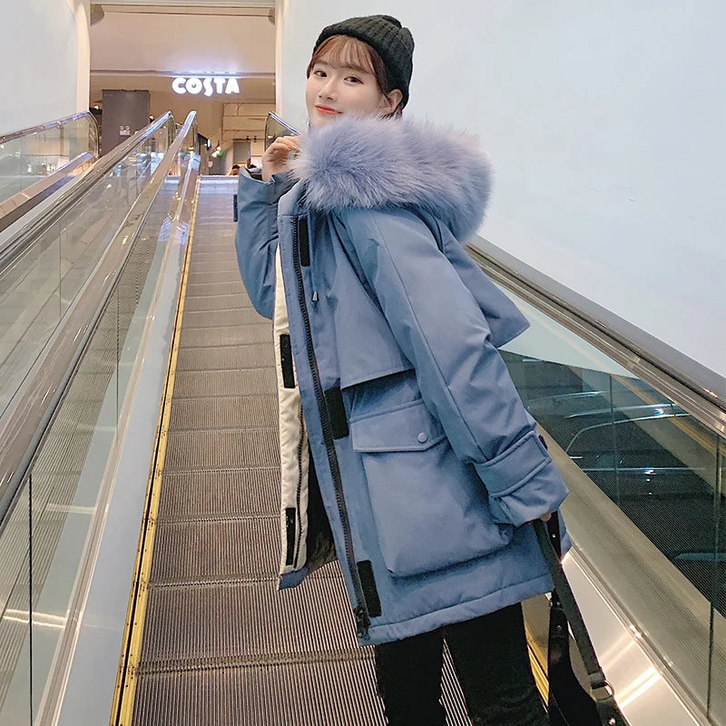 

Korean Stylish Loose Women Parkas Drawstring Waist Midi-long Thick Oversized Jackets Women Large Fur Collar Warm Winter Coats