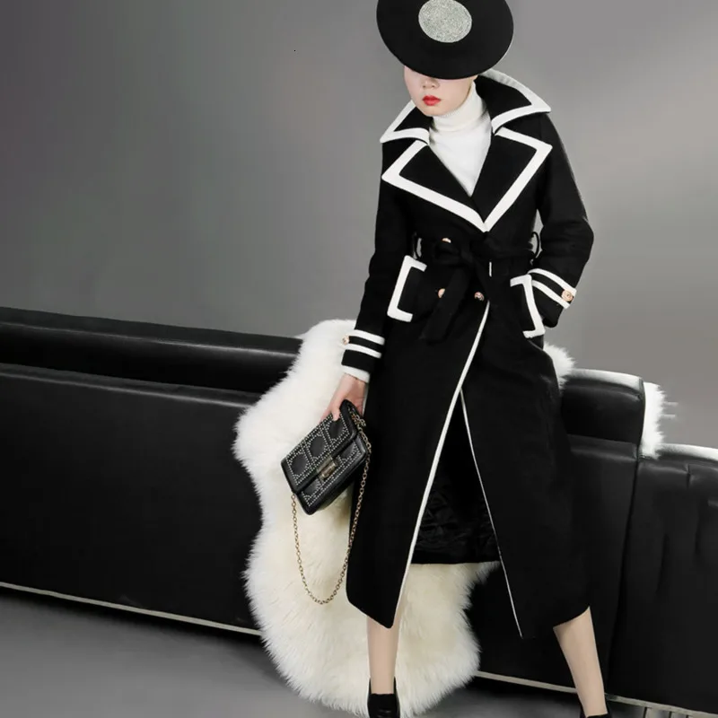 LANMREM 2020 ветровка Женская длинная Весенняя Новинка приталенное черное шерстяное