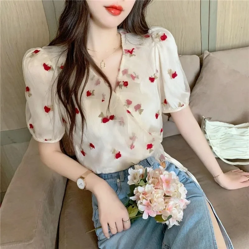 Casual Short Sleeve Birds Print Loose Shirts Women Oversized Cotton and Linen Blouses and Tops Vintage Streetwear Tunic Tees