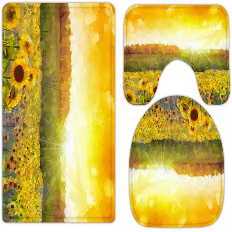

Watercolor rustic sunshine flower sunflower 3-piece bathroom carpet, U-shaped cushion, non-slip goose down toilet seat, washable