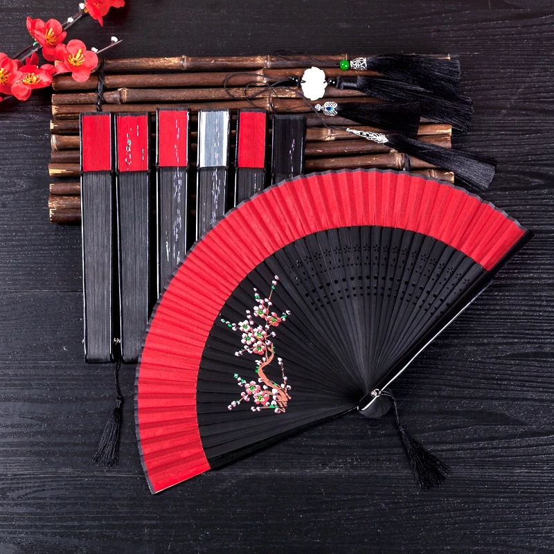 Abanico plegable grande para mujer, de color rojo, pintado a mano, estilo chino, clásico, portátil, para bailar