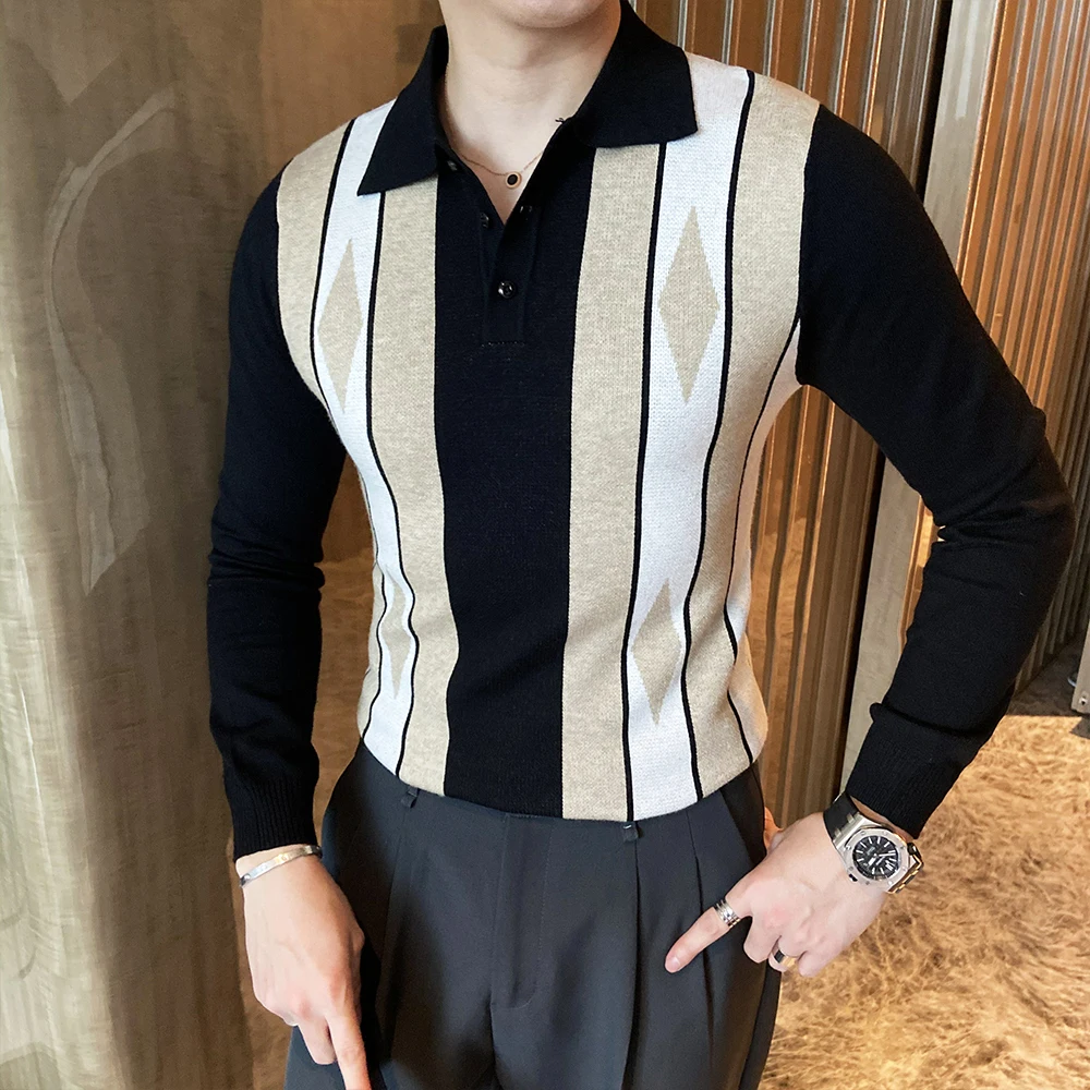 

Black/Green Korean Slim Fit Men Knitted Striped Sweaters Fashion 2020 Turn Down Collar Casual Pullovers Pull Homme Streetwear