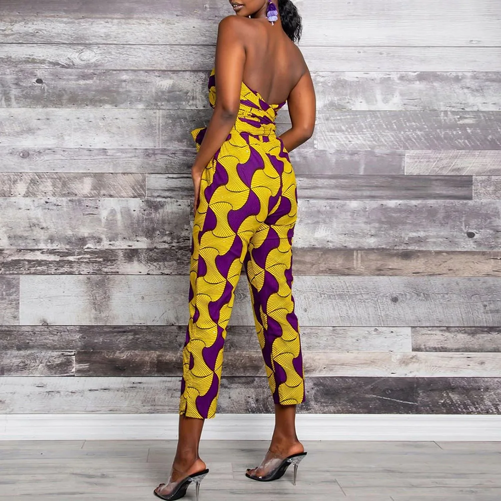 

2020 African Print Women's Jumpsuit Sexy Lace Up Summer African Dresses Women Floral Print Bazin Vestidos Traditional Clothes