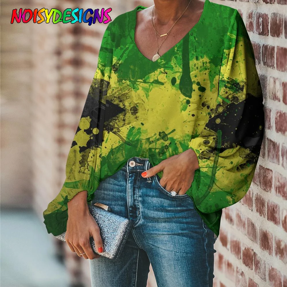 

NOISYDESIGNS Large Size Women Blouse Raggae Jamaica Flag Printing Graffiti Art Casual Loose Long Sleeve Sexy Shirts Vogue V-neck