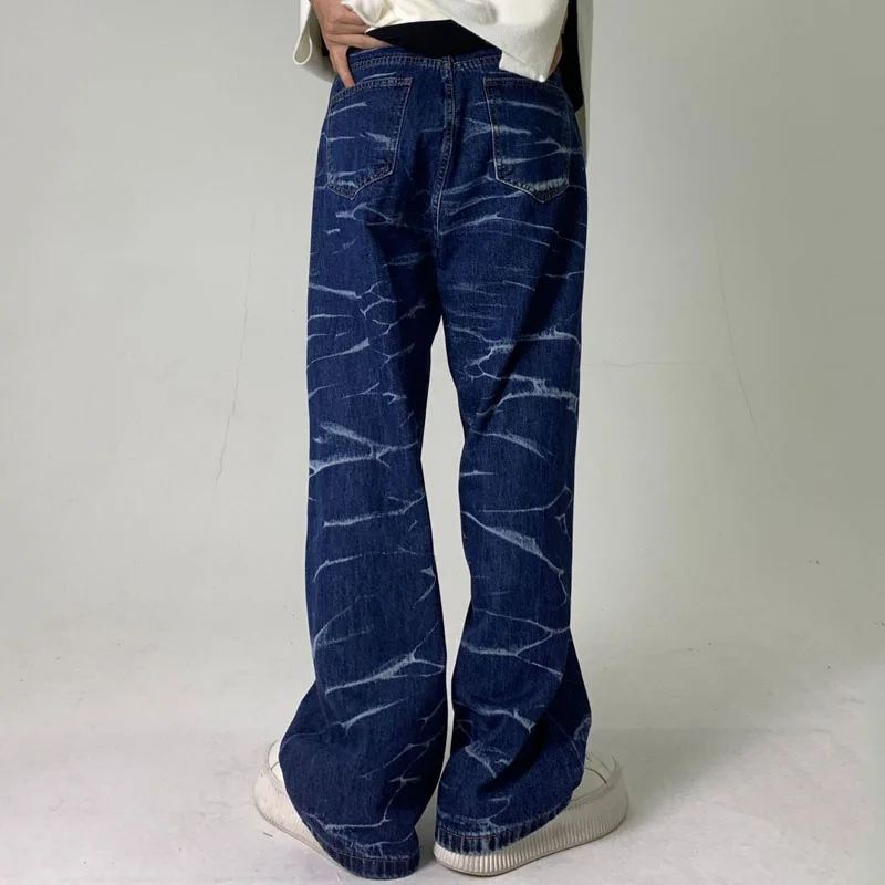 Men Print Wide Leg Jeans Autumn Loose Long Denim Pants Male Trousers Casual Streetwear Vintage Straight Pant Man