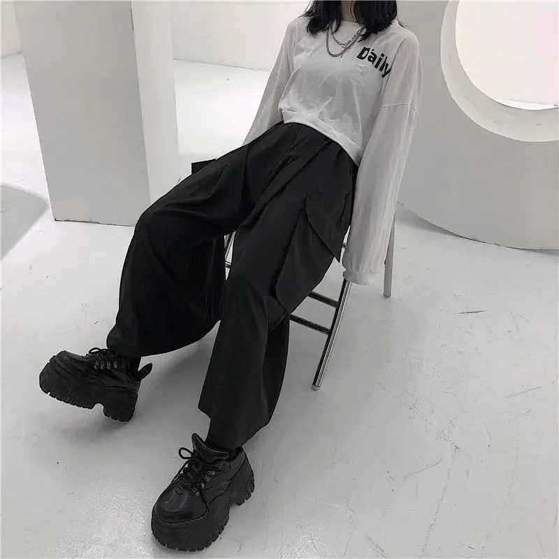 

Wide leg pants high street solid color pocket drape women streetwear Harajuku retro European beauty