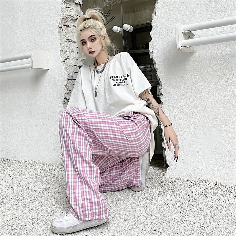 

Harajuku Pink Plaid Pant Women Summer Elastic Waist Love Embroidered Straight Wide Leg Pants Loose Casual Unisex Trousers