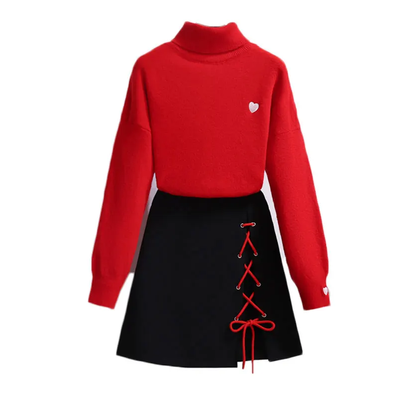 

New Winter Women Pullover Red Sweater Van Twinset Black Lace-Up Bust Skirt Upper Top Outfit Sweet Girl Suit
