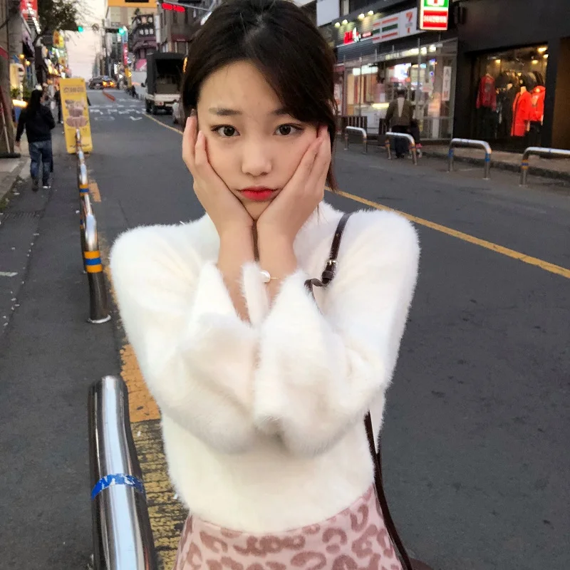 Осень корейский ins Harajuku сладкий винтажный сплошной цвет вязаный свитер женский модный Свободный v-образный вырез с длинными рукавами женский свитер