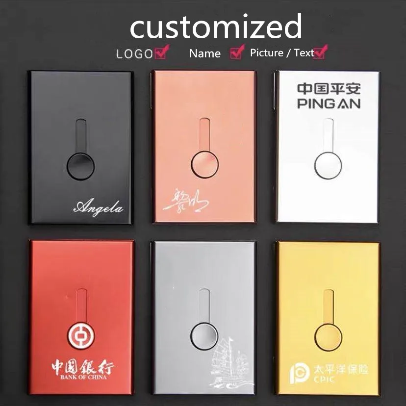 

Персонализированная Коробка для карт из алюминиевого сплава с защитой от кражи, автоматическая коробка для визиток, пользовательское имя, ...