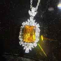 HOYON Shiny Diamond Pendant Necklace Full of Diamonds style Emerald Radiant Cut Yellow Diamond style Crystal Necklace for Woman
