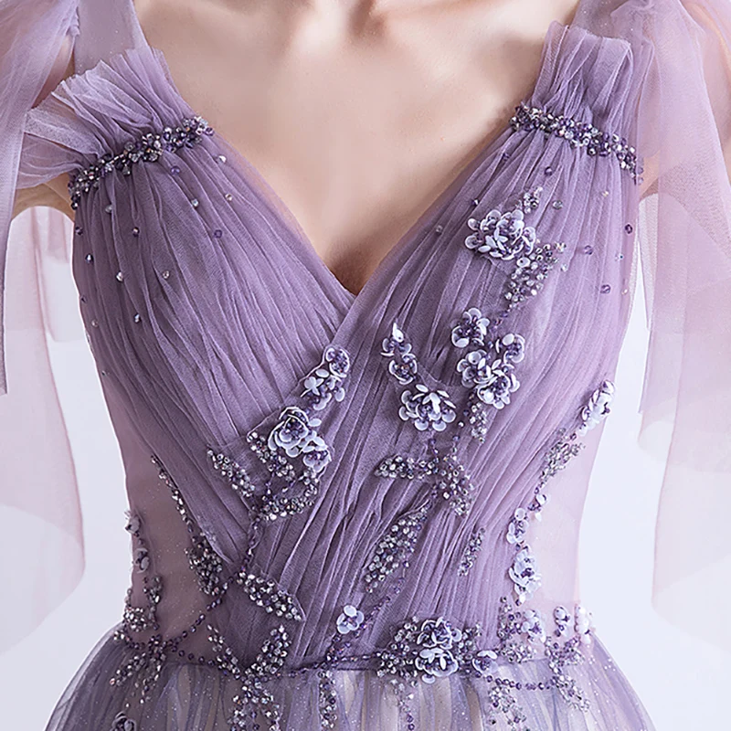 

Evening Dresses Short Illusion A-Line V-Neck Lace Tulle Pleat Floor-Length Beading Sequined Luxury Purple Lady Formal Gown TS730
