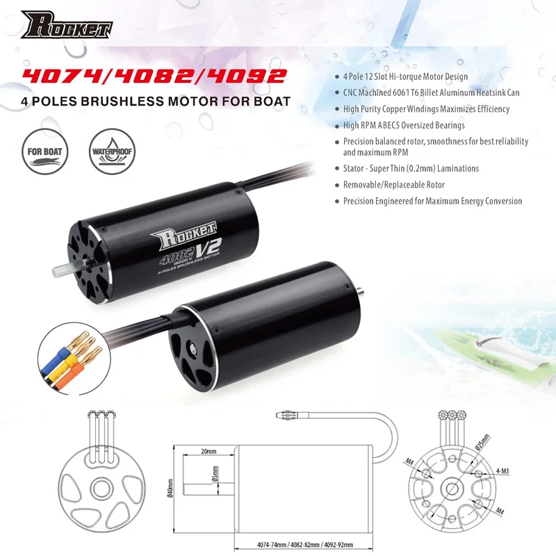 

SURPASSHOBBY Rocket 4074 2250KV 2000KV 1700KV 4P Brushless Motor for Traxxas M41 Catamaran Spartan 1000mm(or Above) RC Boat Car